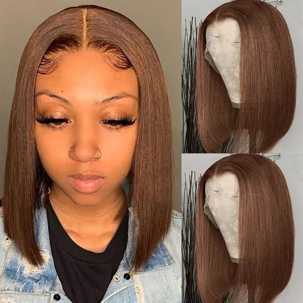 Straight Bob Wig #4 Brown Colored Human Hair