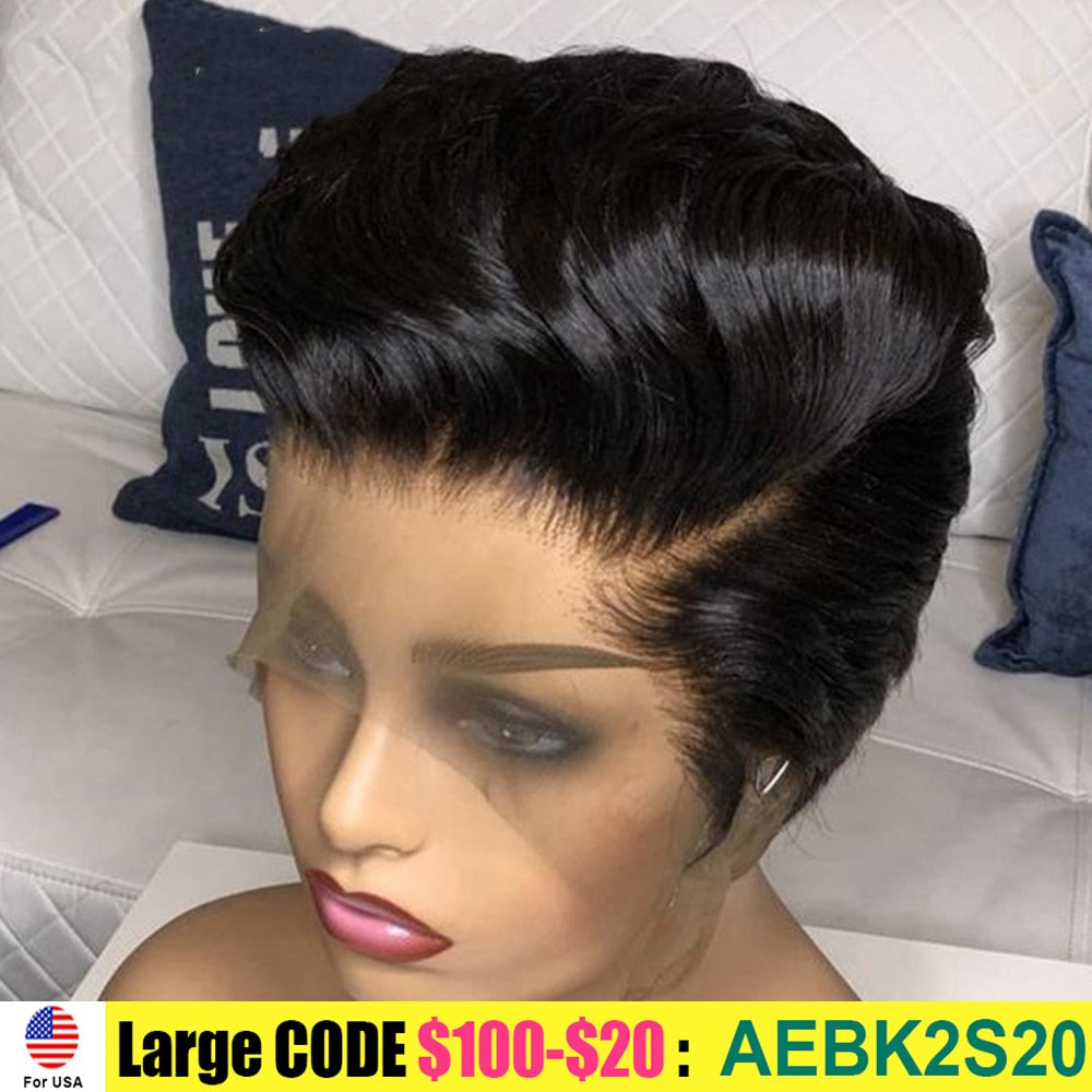 Straight Pixie Cut Wig Human Hair 13x4 Transparent Lace Front